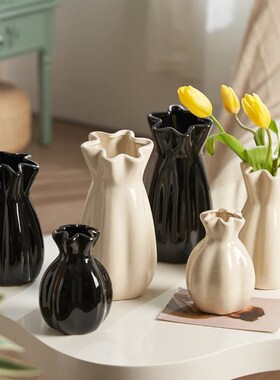 高级感奶油陶瓷花瓶鲜花水培插花摆件复古风北欧白色家Z居软装饰