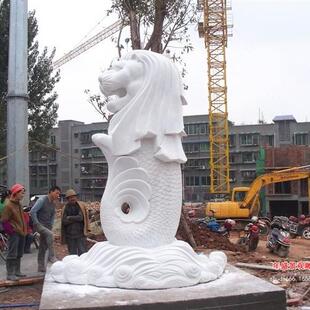 汉白玉鱼尾狮石雕刻厂家 动物喷泉雕刻流水景观摆件公园景观石雕