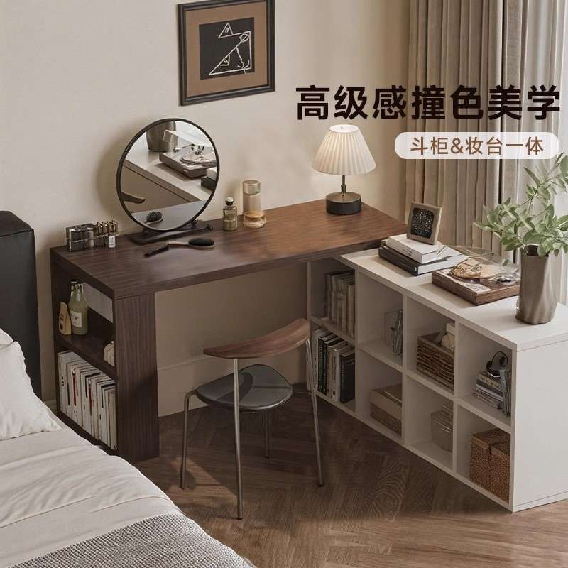 实木转角书桌梳妆台二合一成人家用学习桌书架一体中古L型电脑桌