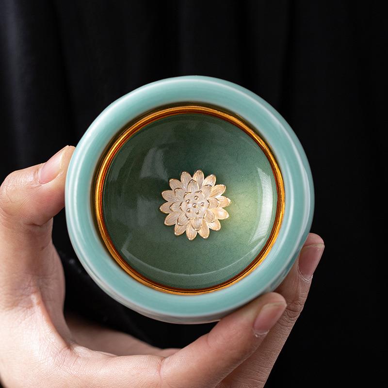 青瓷茶杯主人杯茶盏镶嵌银饰莲花风水缸杯陶瓷茶具家用小茶碗德化
