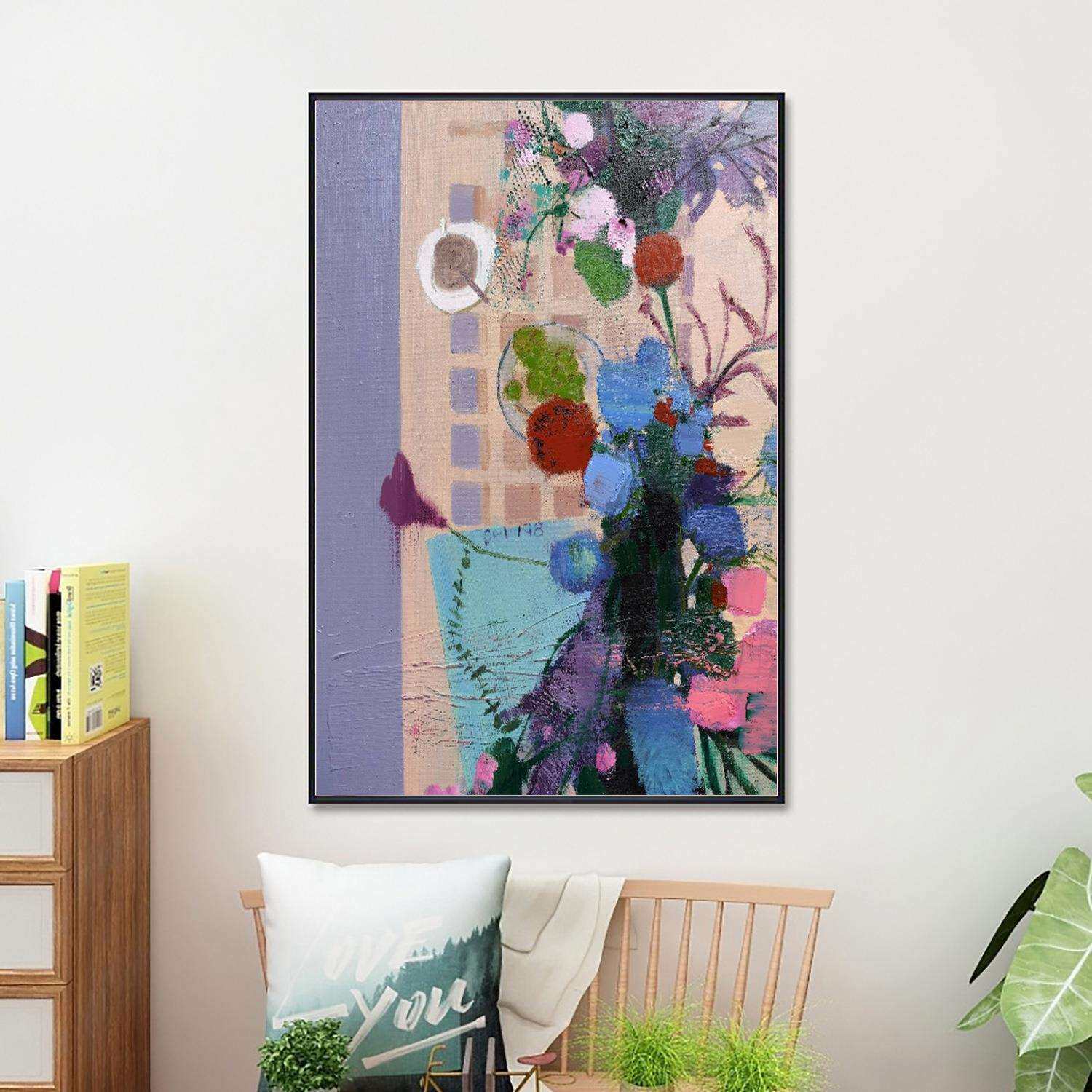 日系清新手绘油画 画心艺术紫色花卉客厅沙发背景立体装饰静物画