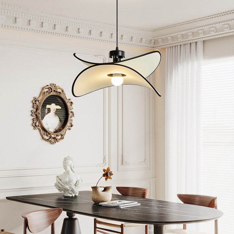 薯片吊灯中古侘寂风简约布艺餐厅灯法式复古创意S草帽饭厅吧台灯