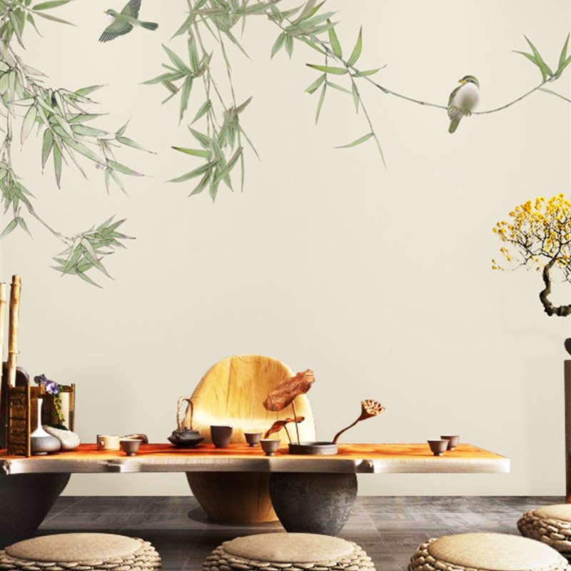 新中式淡雅竹h子花鸟客厅电视背景墙壁布卧室书房酒店民宿墙纸壁