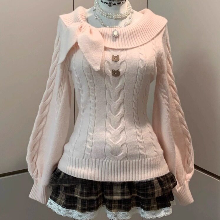 原创jk古早感vintage毛衣糖果日系长袖套头兔耳领收腰修身针织衫