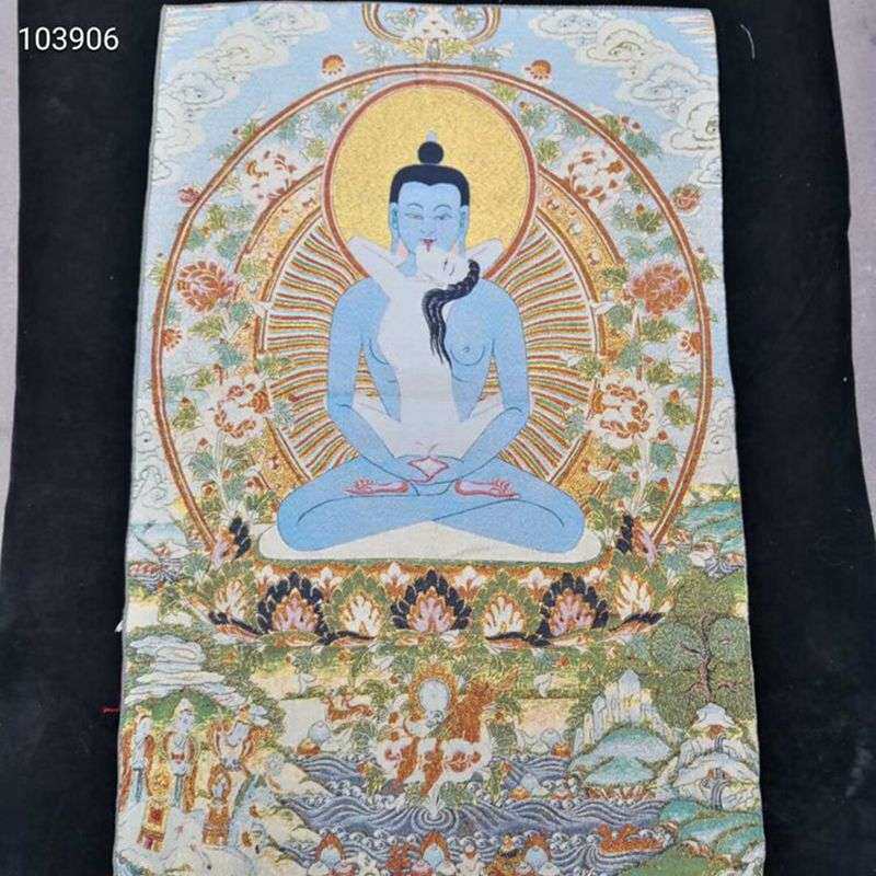 古玩收藏织锦丝绸绣金刚萨埵双身像壁画 家居客厅玄关挂画装饰品