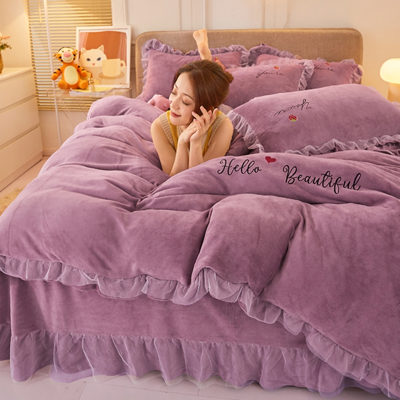 公主风牛奶绒四件套冬款珊瑚绒加厚双面I加绒毛绒面床单被套床裙