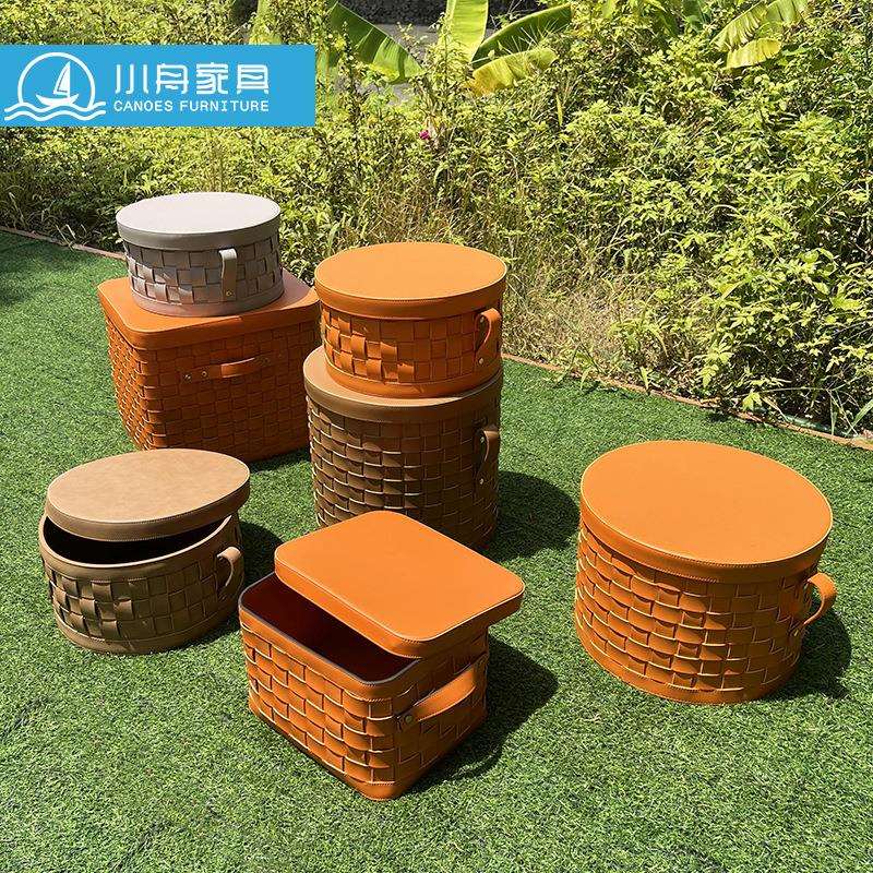 轻奢皮革手工编织收纳篮筐样板间客厅玄关置物筐道具装饰摆件饰品