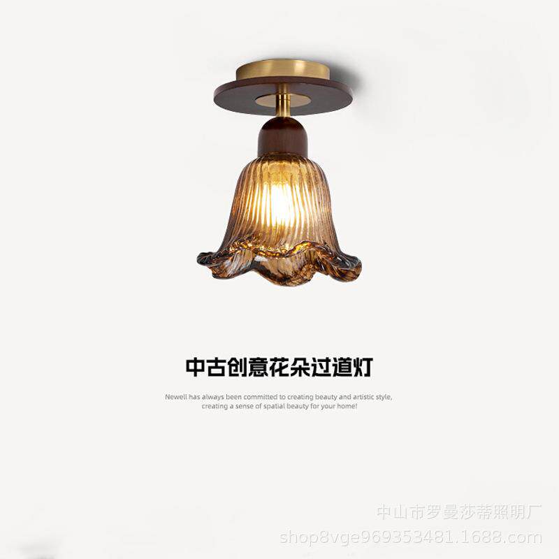 中古风过道灯阳台灯玄关灯吸顶灯护眼新中式简约胡桃木色复古led