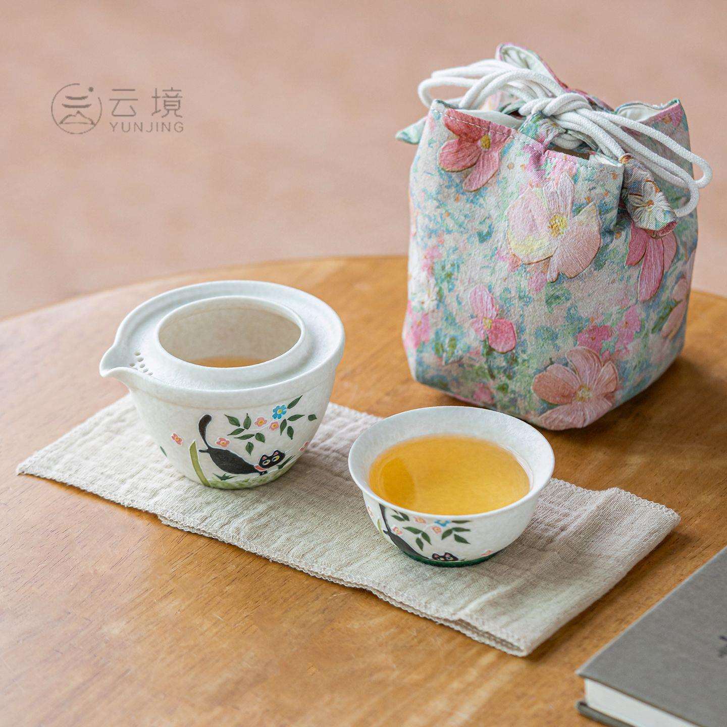 创意萌绘猫咪快客杯旅行茶具套装陶瓷釉下彩功夫泡茶茶具一人饮