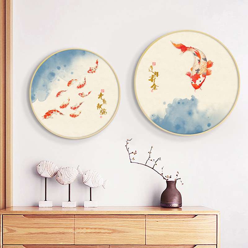 年年有余九鱼图新中式玄关装饰画圆形走廊过道墙画沙发背景挂画图片