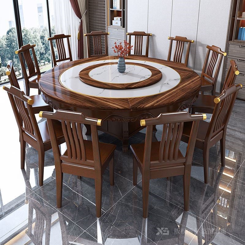 2023全实木中式圆餐桌组合家用吃饭桌子10人饭桌T餐厅大理石圆形