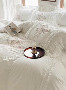 法式公主风140S长绒棉纯棉床裙款四件套复古白色刺绣被套床上用品