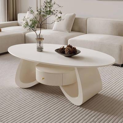 茶几奶油风岩板茶几椭圆形茶几家用客厅小户型简约现代