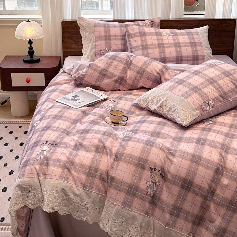 简约格子全棉磨毛四件套少女蕾丝边100纯棉被套宿舍三件套床笠1.8