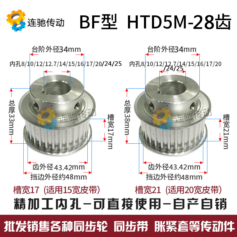 同步轮HTD5M-28齿 精加o工内孔8/10/12/12.7/14/15/16/17/20 BF型
