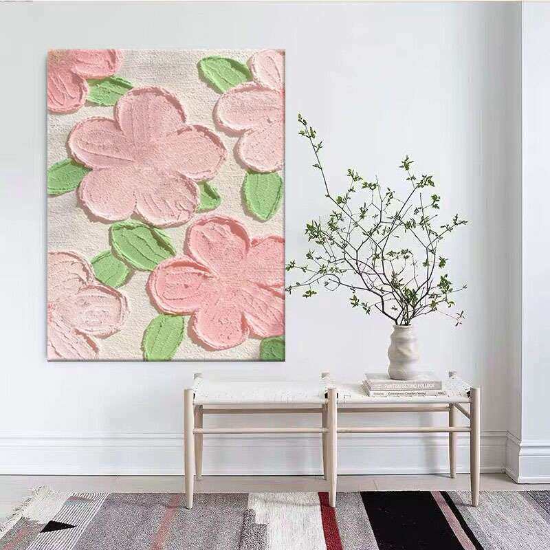 手绘油画奶油风粉色花卉卧室客厅装饰画石英砂立体肌理手工画成品