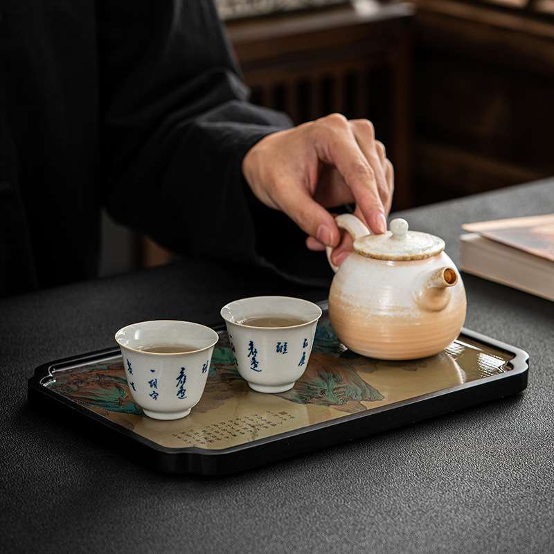 唐宋宋式仿古做旧千里江山漆绘壶承纯手工壶垫家用小干泡台茶盘