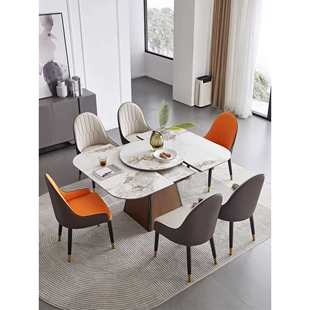 北欧岩板餐桌电磁炉一体家用实木可伸缩带转盘小户型折叠正方形枱