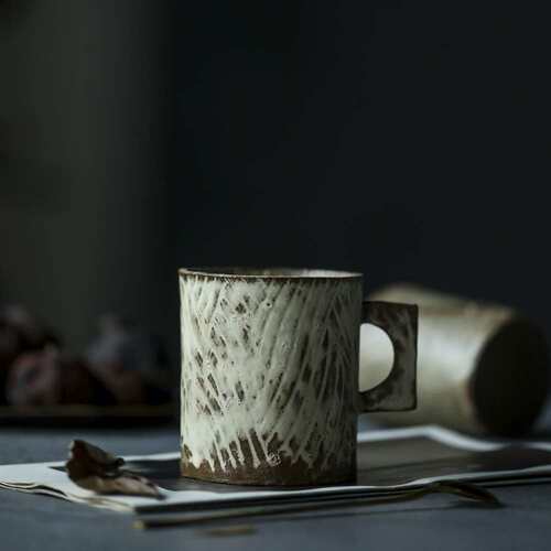 中国陶艺作家 徐婉 手作 粉引 麦子纹 咖啡杯 手握杯拉花杯