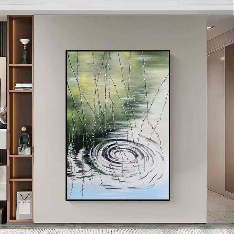 纯手绘油画抽象绿色客厅装饰画轻奢餐厅玄关挂画柳树枝条手工壁画