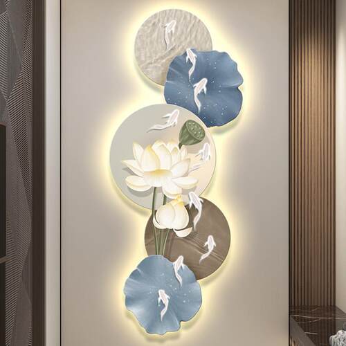 轻奢九鱼图led带灯入户玄关装饰画简约现代走廊过道挂画壁画灯画