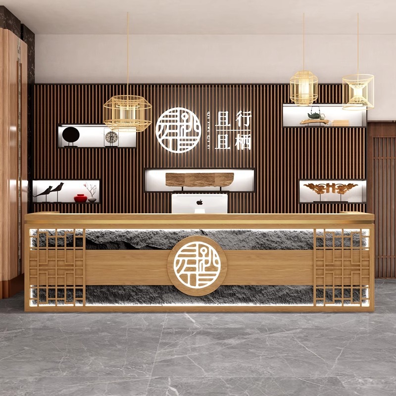 新中式茶楼吧台足浴采耳店复古收银台民宿饭店养生会所前台接待台