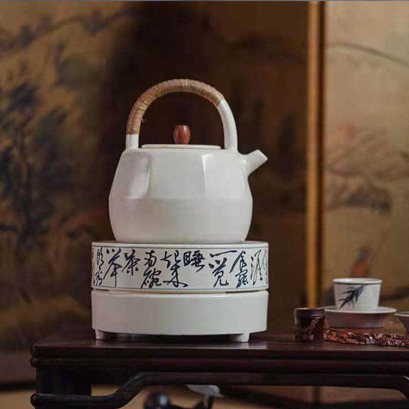 梵山堂苏打釉青花诗文圆电陶炉八方白泥煮茶陶壶陶瓷茶具提梁茶壶