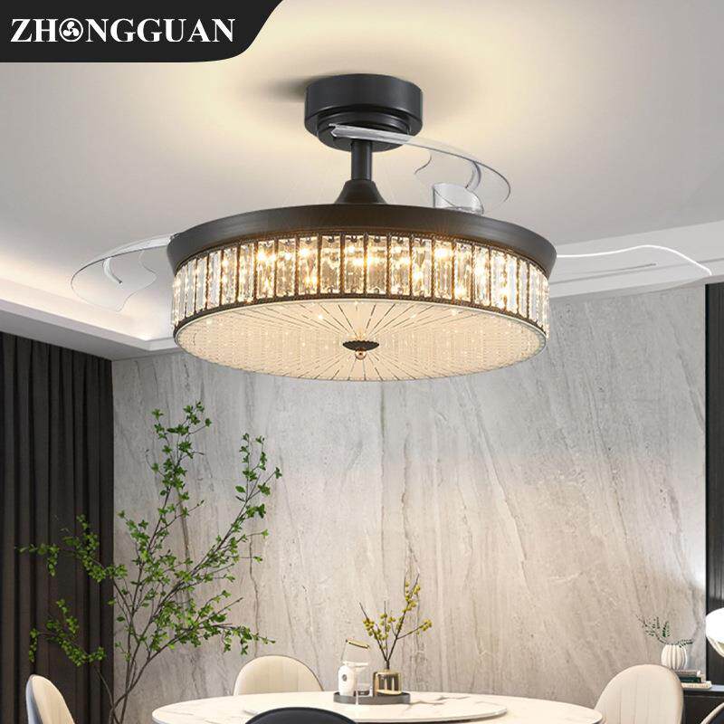 复古轻奢金色水晶隐形风扇灯适用客厅火锅店茶楼餐厅饭店隐形风扇