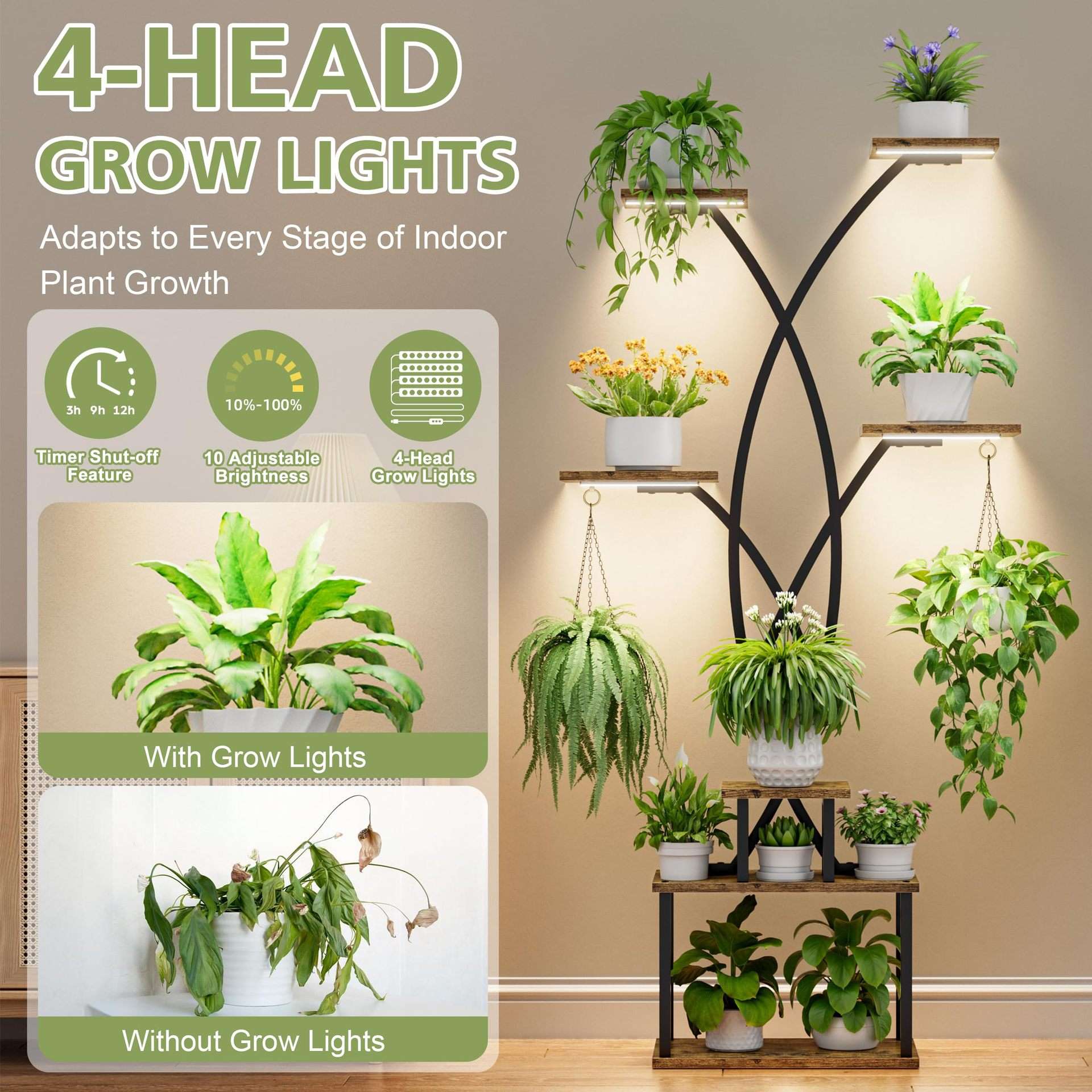 高室内植物架,带生长灯 - 7 层,适合多种室内植物的植物架