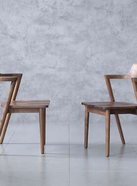 北美全实木餐厅椅子简约短扶手椅北欧黑胡桃成人休闲咖啡椅书房椅