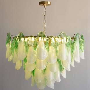 复古浪漫中古奢穆拉诺穆拉Murano法式绿色主手工轻玻璃客厅花瓣灯