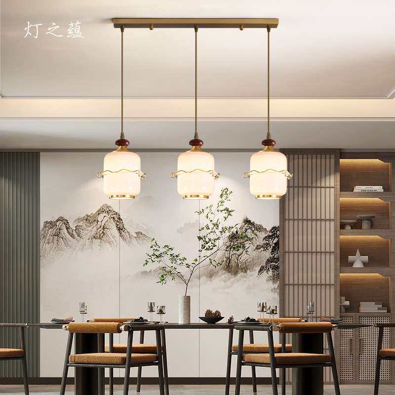全铜餐厅灯吊灯三头新中式现代简约饭厅吧台灯具创意个性餐吊灯饰