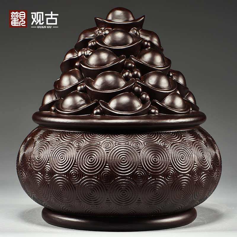 黑檀木雕聚宝盆摆件客厅实木家居玄关电视柜装饰公司店铺摆设送礼