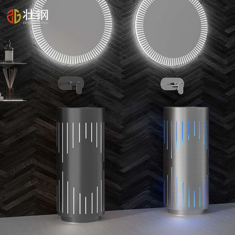新款高档不锈钢洗手台盆户外庭院带灯创意立柱盆酒吧卫生间洗手池