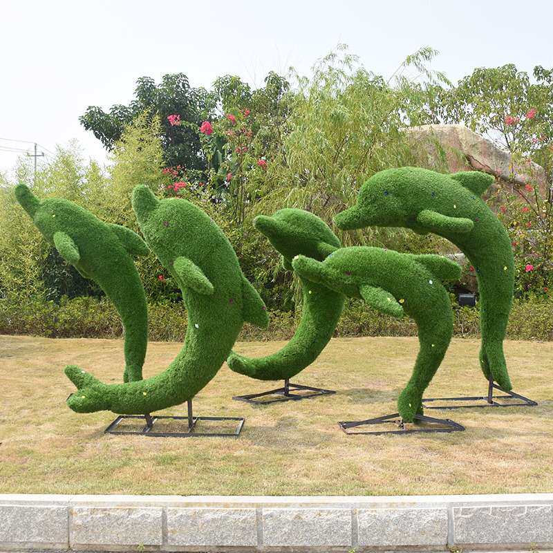 户外仿真绿植草皮植绒海豚雕塑玻璃钢动物摆件公园景观小区装饰品