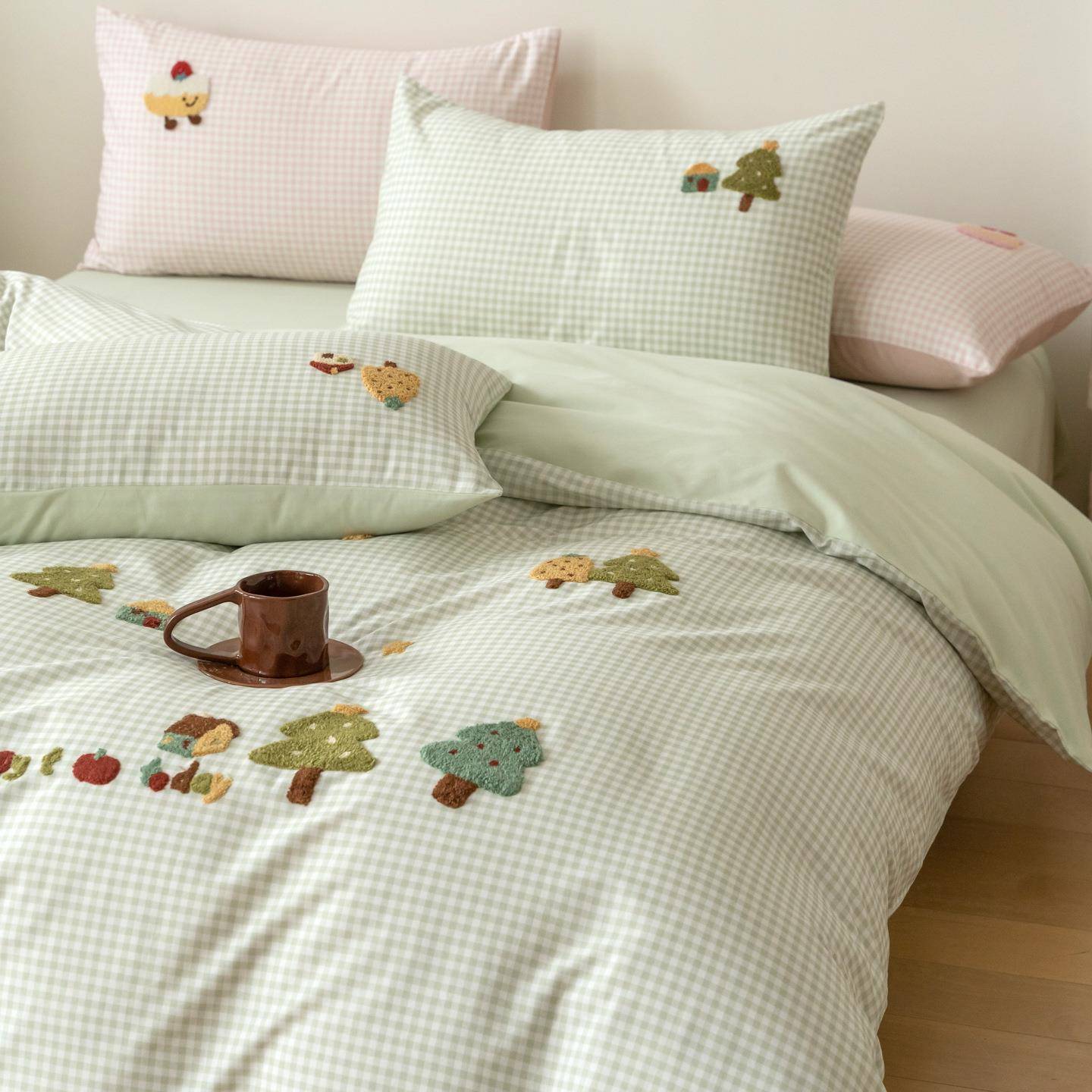 可爱毛巾绣秋冬加厚100全棉长绒棉磨毛四件套保暖被套床单床笠1.8