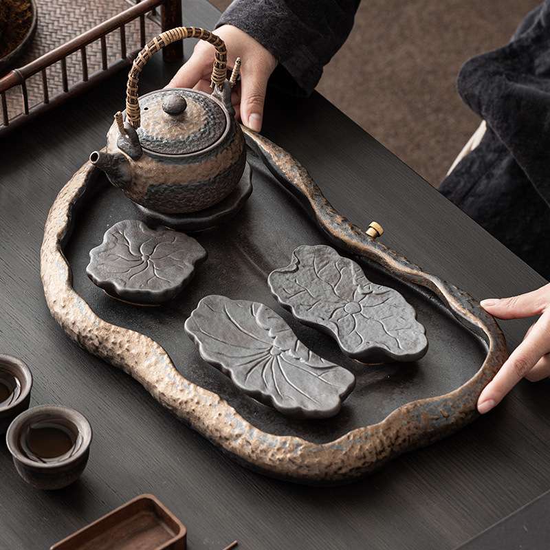 中式荷叶茶盘家用客厅小型陶瓷复古茶几干泡台储水排水式泡茶托盘