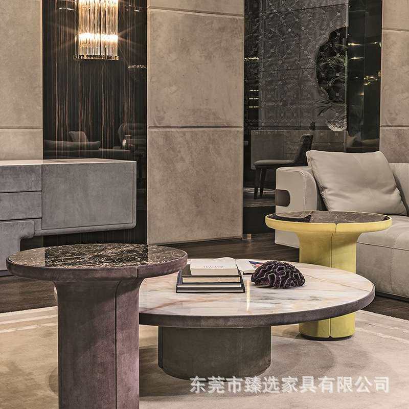 Longhi意式RE轻奢圆形大理石茶几套几木质贴磨砂皮极简沙发边几