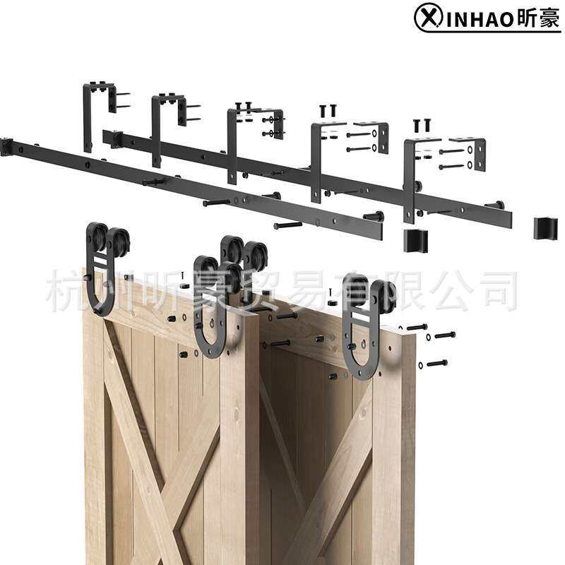 美式谷仓门吊轨马蹄款双轨bypass双门前后移门双轨道套件双层轨道