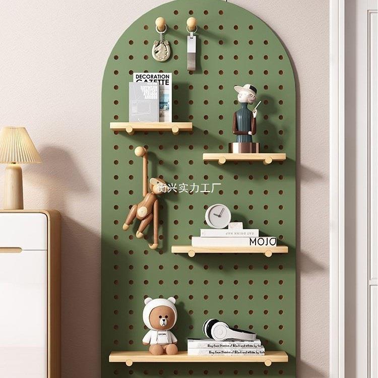 洞洞板实木挂墙出租屋简易玄关绿色挂板隔板木质全套墙上扇形洞洞