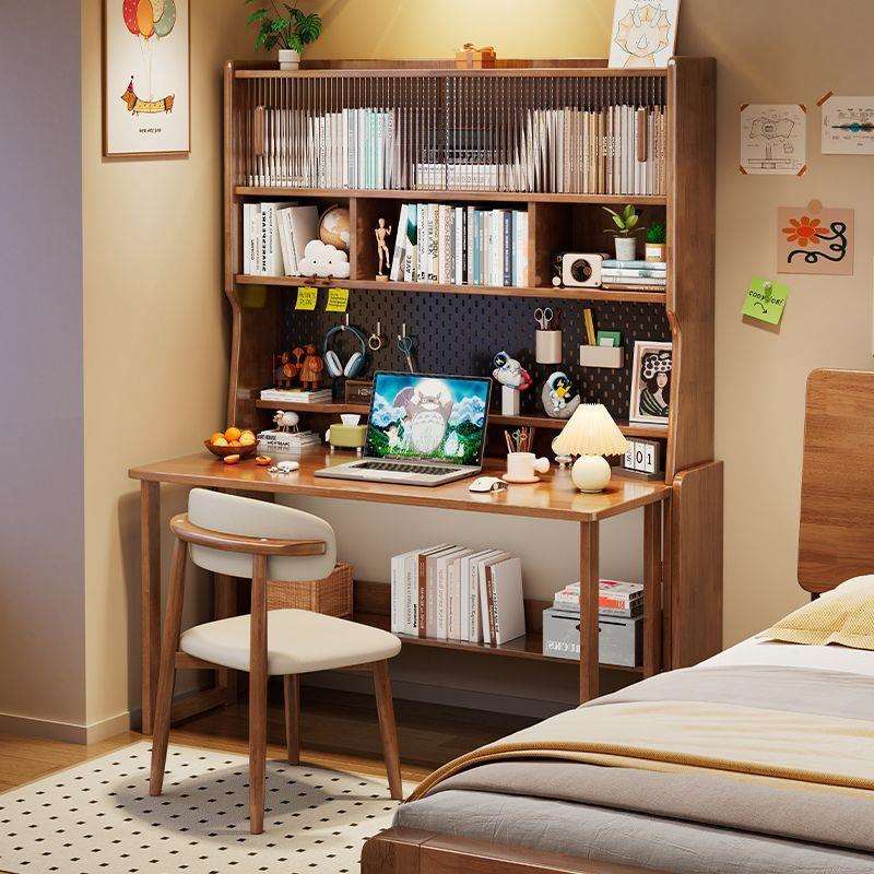 实木书桌书架一体卧室床边带洞洞板学习桌可折叠置物办公电脑桌子