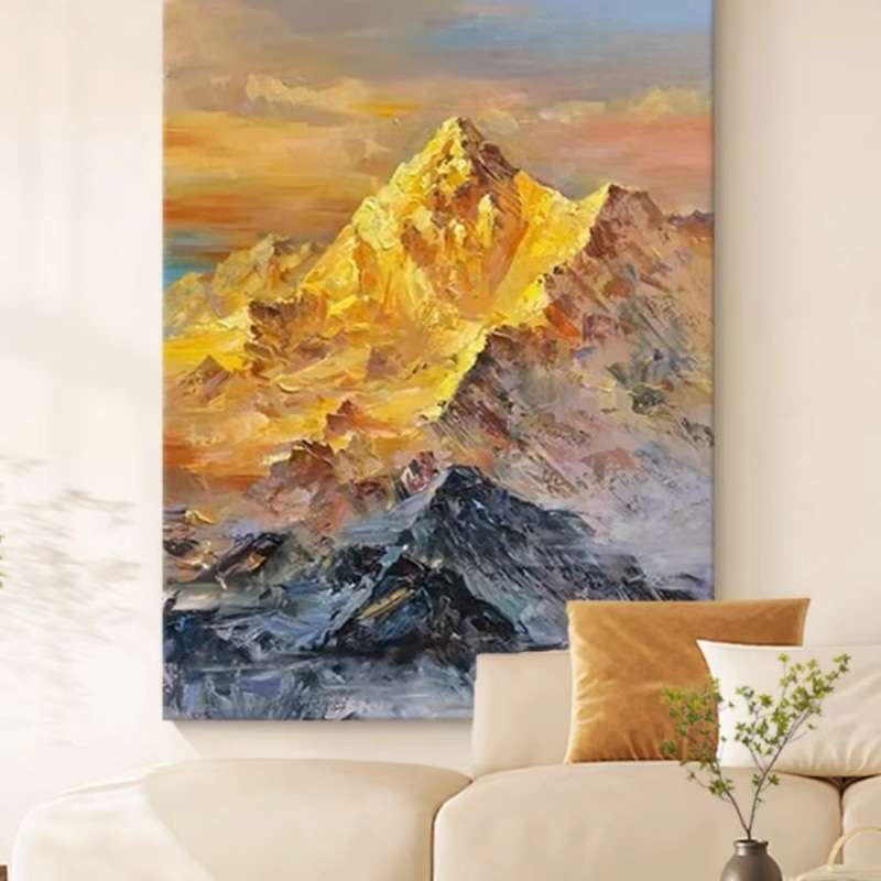 顺丰】纯手绘油画日照金山客厅装饰画背有靠山竖版玄关丙烯肌理轻图片