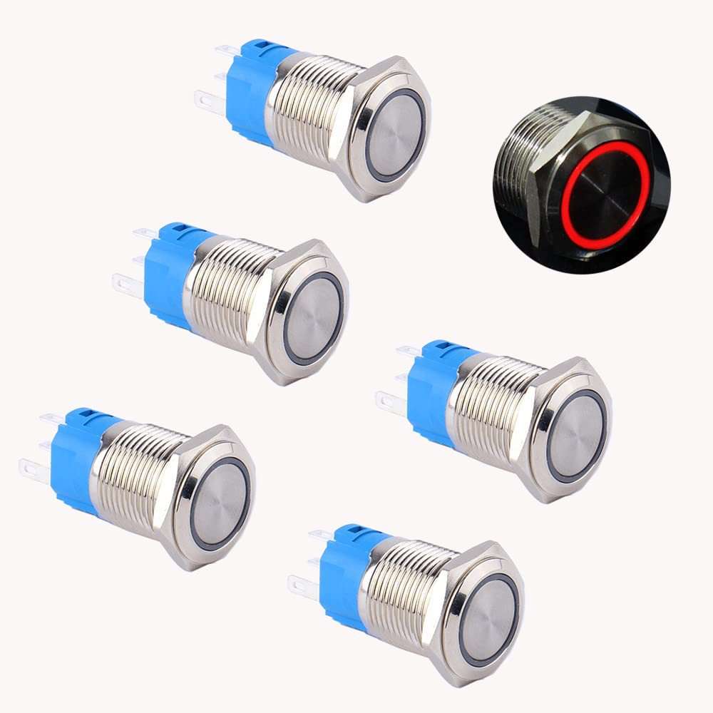 DMWD 5 件 16 毫米金属防水防破坏瞬时按钮开关自复位银色外壳 5\