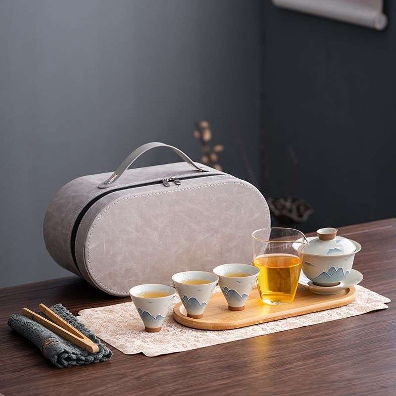草木灰手绘山水三才盖碗功夫旅行茶具套装户外便携釉下彩茶具套装