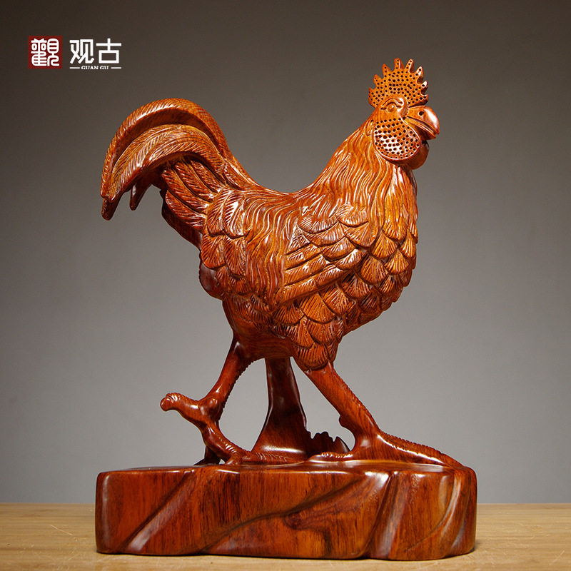花梨木雕刻大公鸡摆件家居动物12生肖鸡客厅电视柜装饰摆设工艺品
