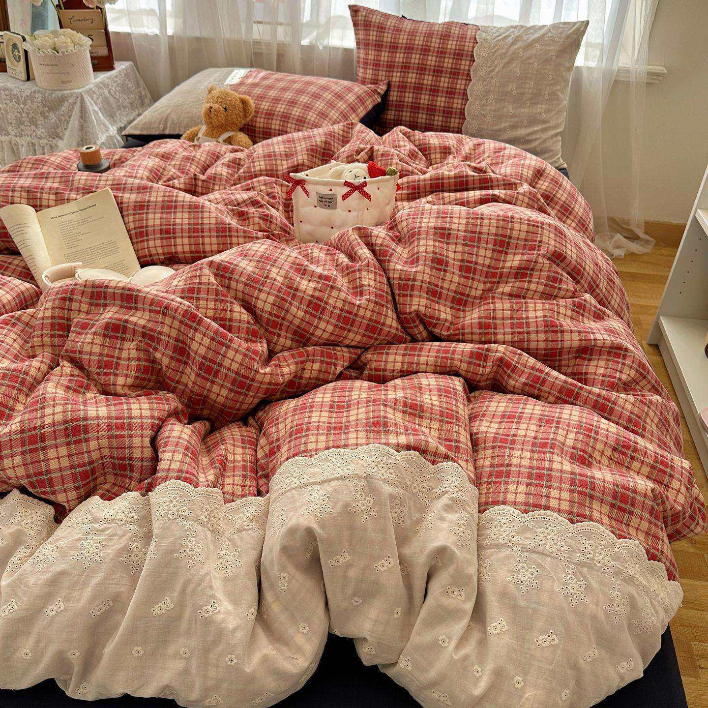 复古蕾丝格纹床上四件套韩系花边水洗棉床单被套学生宿舍三件套,鲜花速递/花卉仿真/绿植园艺,割草机/草坪机,淘宝优惠券,粉丝福利购,淘宝优惠卷