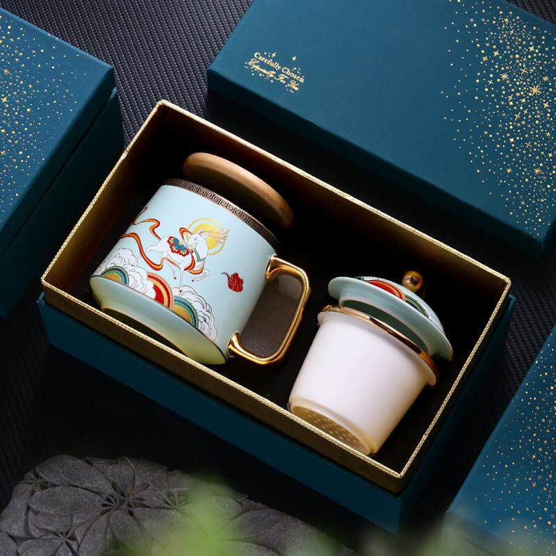 办公茶杯陶瓷茶水分离过滤喝茶杯子中式带盖家用泡茶马克杯茶杯