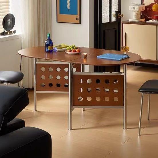 可折叠岩板餐桌椅组合椭圆北欧中古风家用小户型实木伸缩餐桌