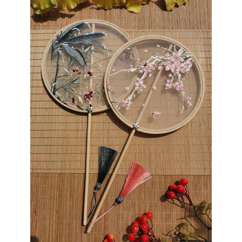 古风手工团扇高颜值刺绣单面扇子桃花长柄圆扇仿古宫扇成品汉服