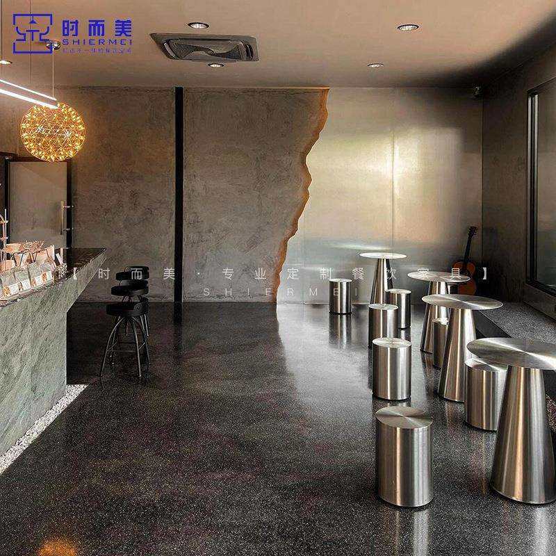 网红奶茶甜品店桌椅组合工业风咖啡厅水吧休闲区创意不锈钢圆凳子